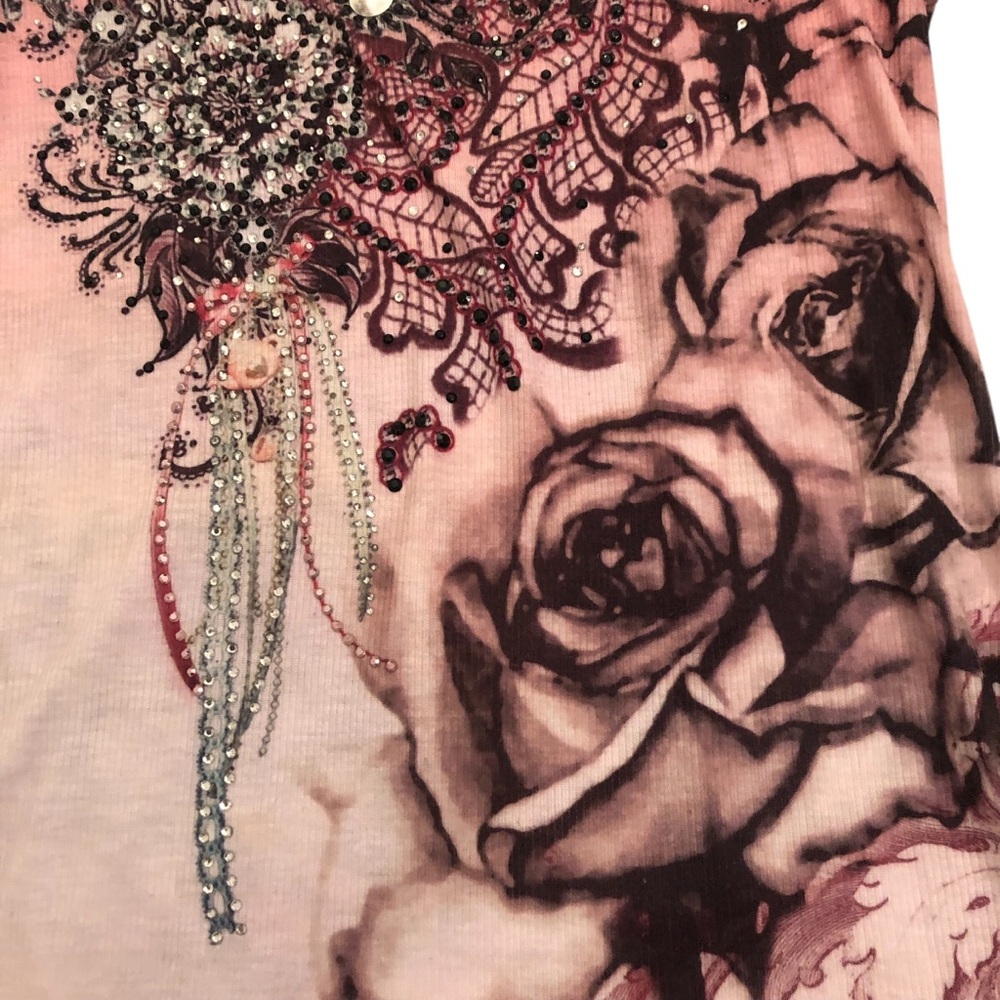 Boho Pink Tank Top with Floral Graphic Front & Back & Rhinestuds on Front Size L - Picture 5 of 6